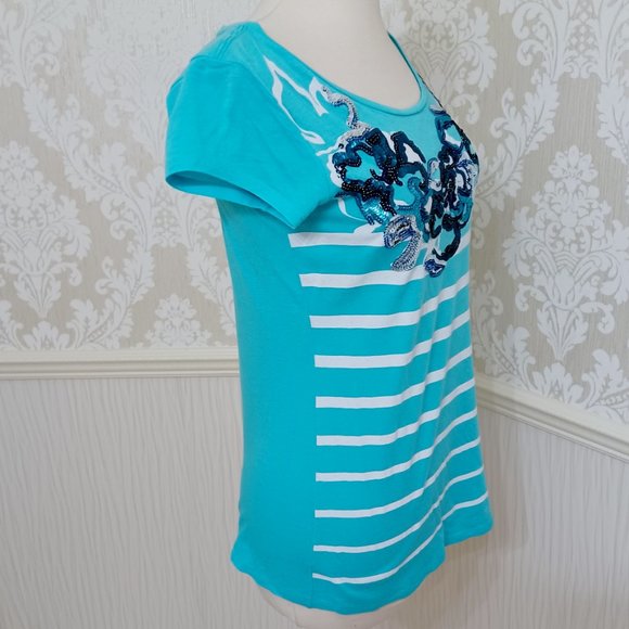 Express Dreamweight Cotton Turquoise White Striped T-Shirt Sequins Size Small - Picture 2 of 4